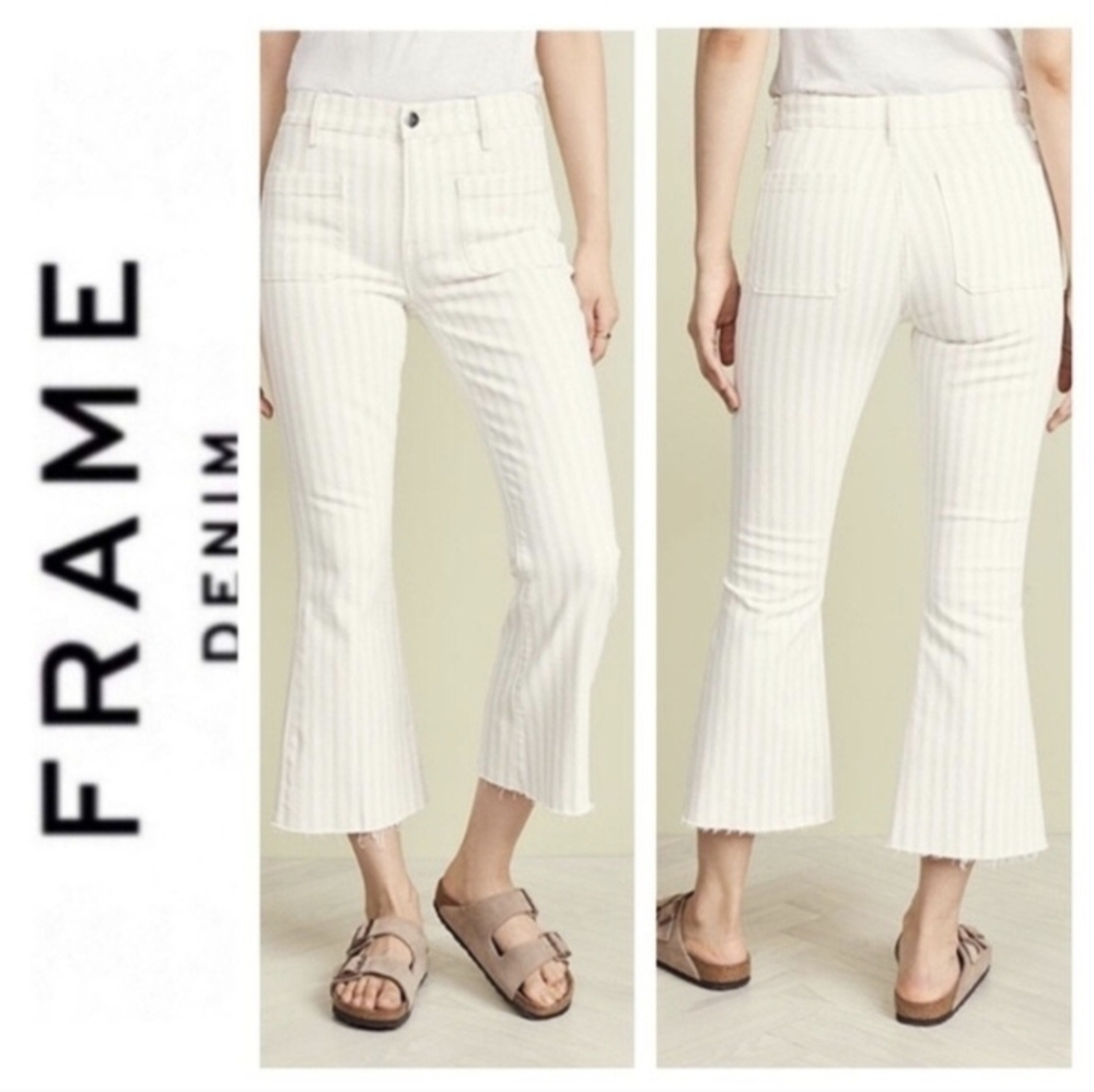 FRAME Denim Le Bardot High Flare Jeans 25 Striped Courtyard Indie Boho Retro